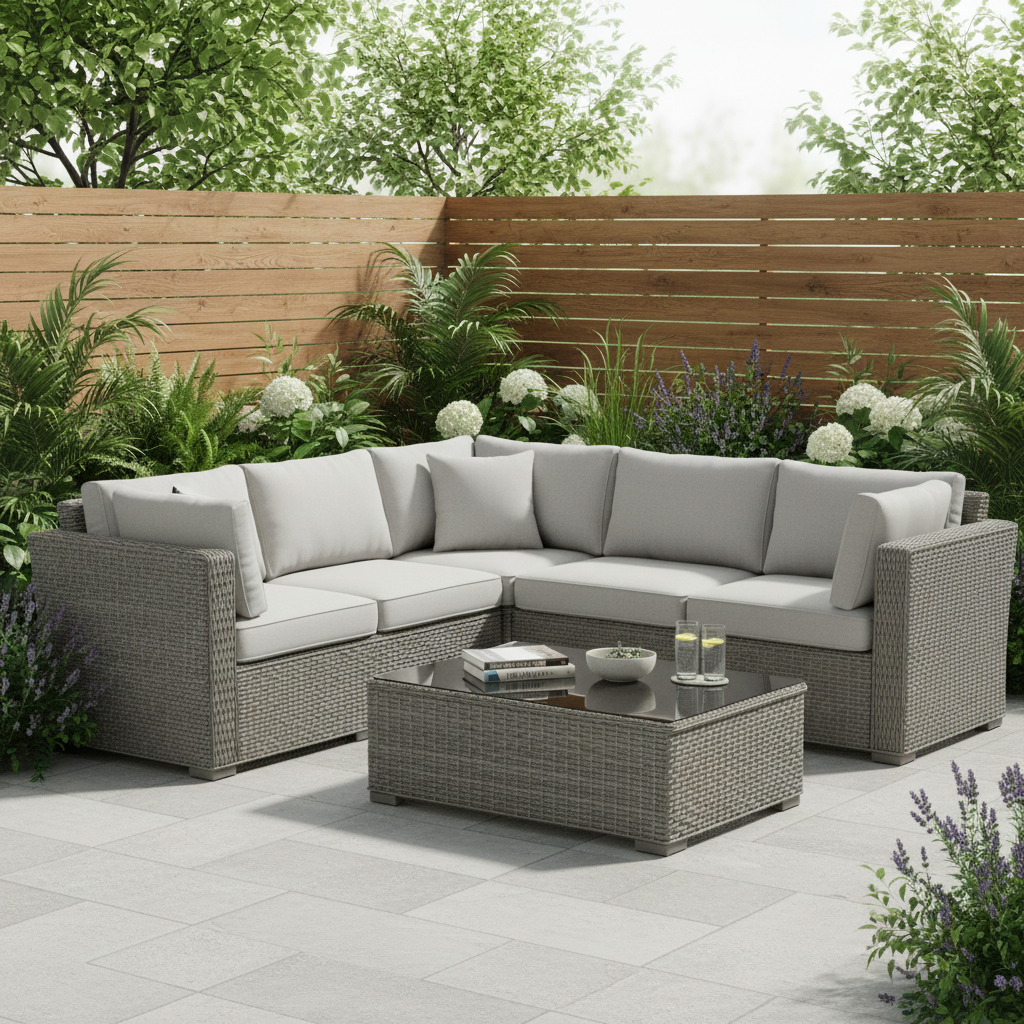 A grey rattan patio furniture with corner sofa and coffee table set on a modern patio with panelled fencing and plants.