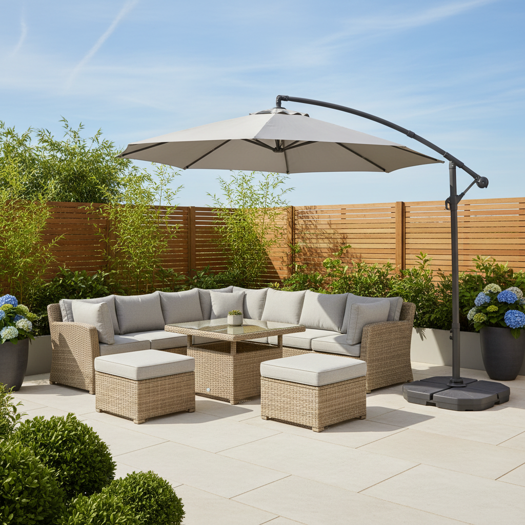 A modern patio with wicker furniture and a large cantilever style parasol