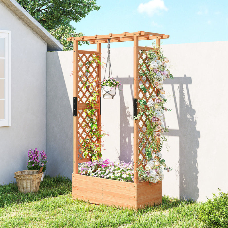 Wooden Raised Planter Bed With Trellis For Climbing Plants And Herbs Garden Use Brown Outsunny