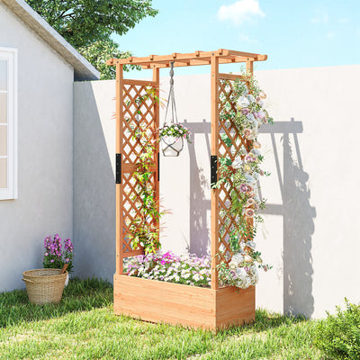 Wooden Raised Planter Bed With Trellis For Climbing Plants And Herbs Garden Use Brown Outsunny