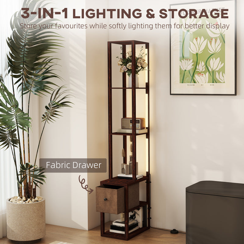 LED Floor Lamp with Storage Shelves and Fabric Drawer for Living Room or Bedroom Dark Brown
