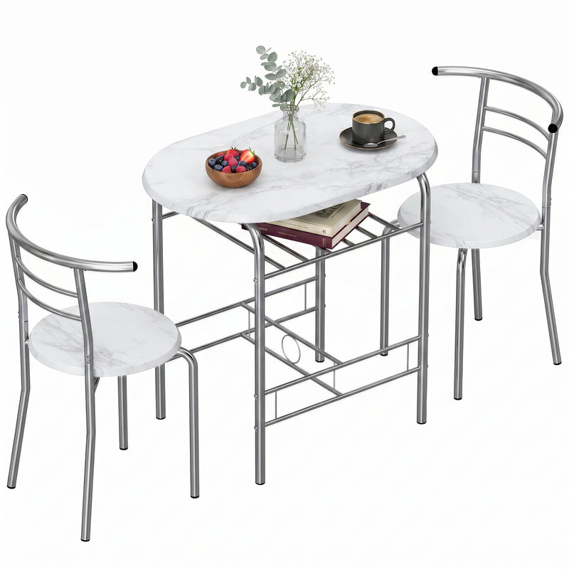 Compact Dining Table and 2 Chairs with Shelf for Small Kitchens White Marble Effect