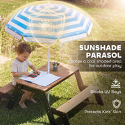 Kids Outdoor Table and Bench Set with Hidden Storage and Parasol for Tidy Garden Play Natural Wood Aiyaplay