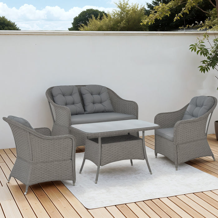 Light Grey Four Piece Rattan Garden Furniture Set With Glass Top Table by Outsunny