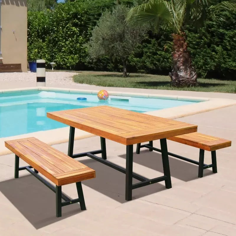 Outdoor Table and Bench Set, Acacia Wood