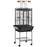Tall Parrot Bird Cage With Open Play Top Perch Wheels and Storage Shelf Dark Grey AOSOM