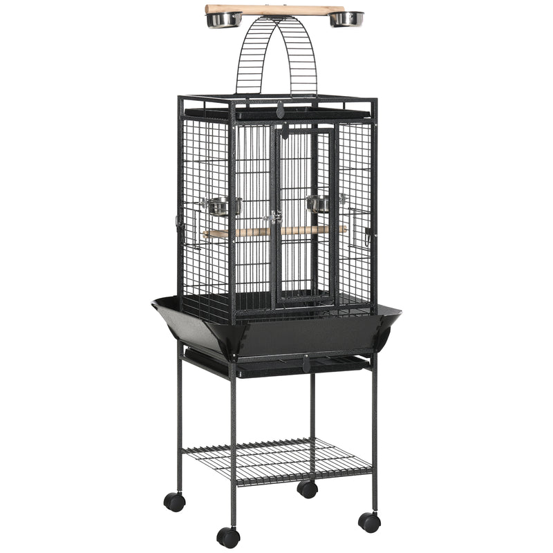 Tall Parrot Bird Cage With Open Play Top Perch Wheels and Storage Shelf Dark Grey AOSOM
