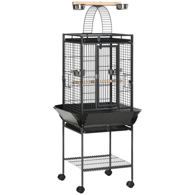 Tall Parrot Bird Cage With Open Play Top Perch Wheels and Storage Shelf Dark Grey AOSOM