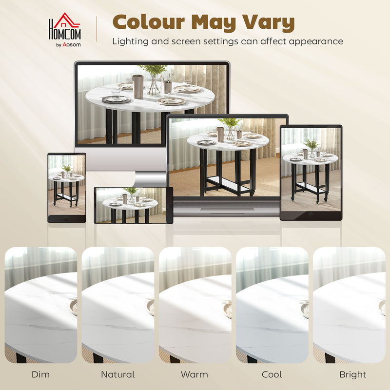 Folding Dining Table with Storage Shelf and Wheels for Small Spaces White Marble Homcom