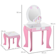 Kids Dressing Table Set with Mirror and Stool for Bedroom or Playroom, Pink