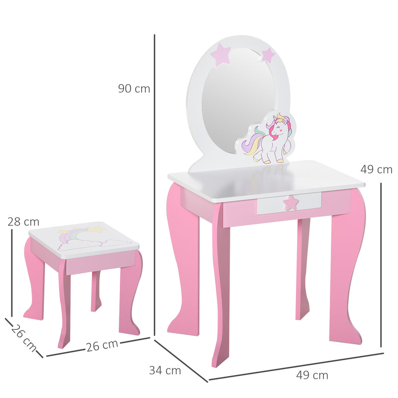 Kids Dressing Table Set with Mirror and Stool for Bedroom or Playroom, Pink