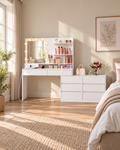 Adjustable Dressing Table with Mirror Drawers Built-in Power Outlets and 6 Drawer Dresser, White