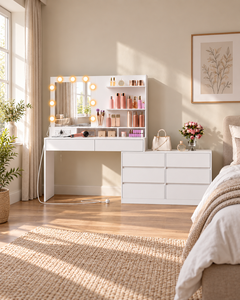 Adjustable Dressing Table with Mirror Drawers Built-in Power Outlets and 6 Drawer Dresser, White