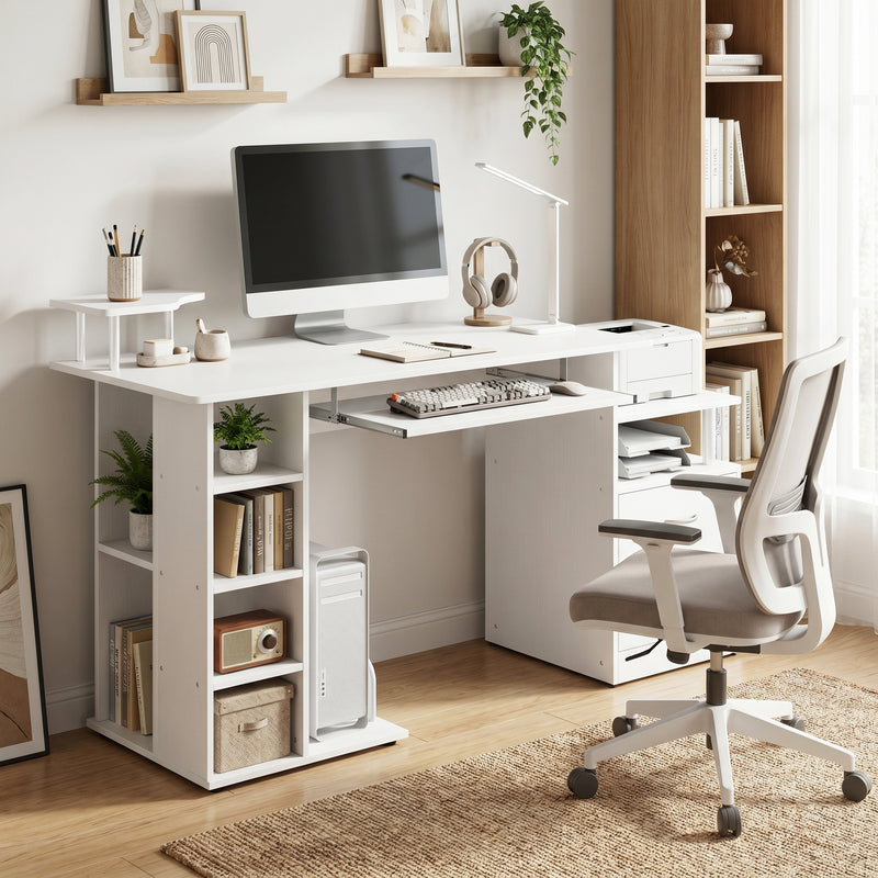Computer Desk with Shelves and Drawer for Organised Home Workspace White Wood Effect