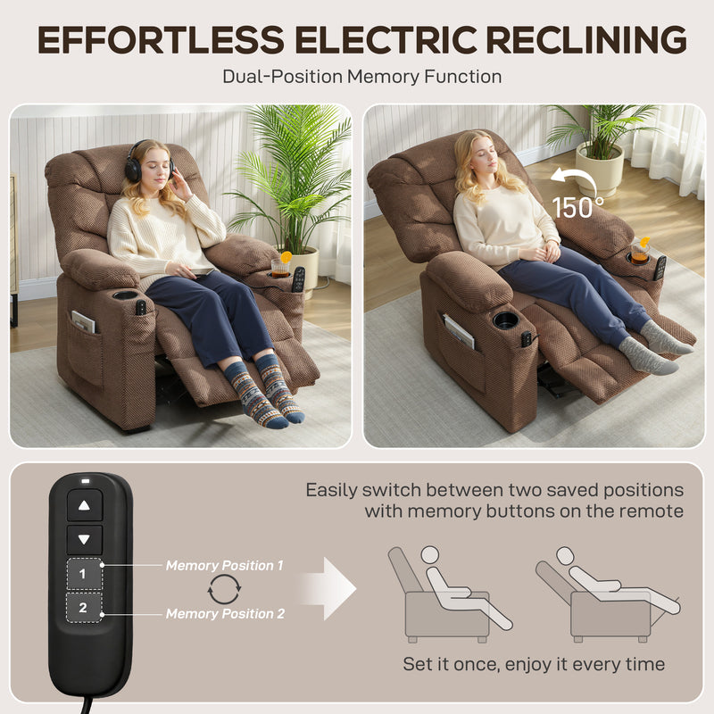 Electric Recliner Armchair With Heat Vibration USB and Cup Holders For Home Use Brown AOSOM