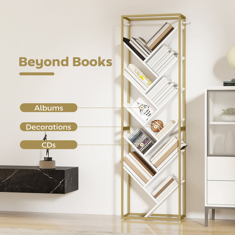 Modern Bookcase For Living Room Organisation - 10 Tiers - Gold Metal Frame With Angled White Shelves Homcom