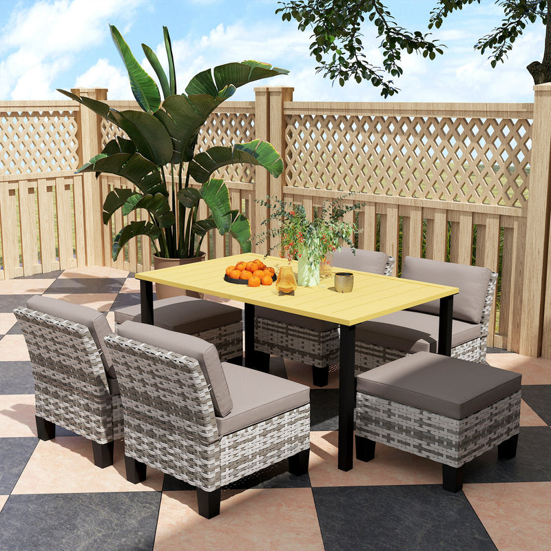 Grey 6 Seater Rattan Patio Dining Set with Cushions and Slatted Table by Outsunny