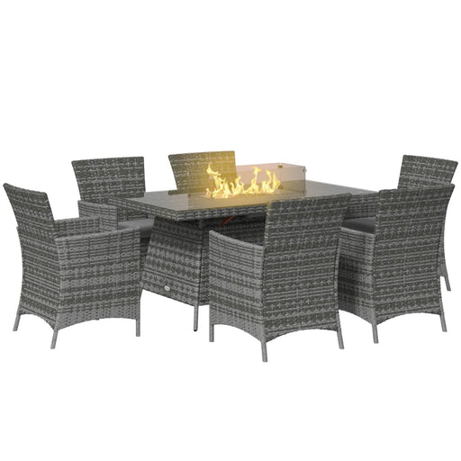 Image of a 6 Seat Rattan Patio Set, Dining Table With Fire Pit in Middle, Grey