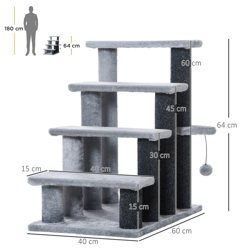 4 Step Cat Stairs with Scratching Posts Platforms and Hanging Toy for Indoor Use, Grey