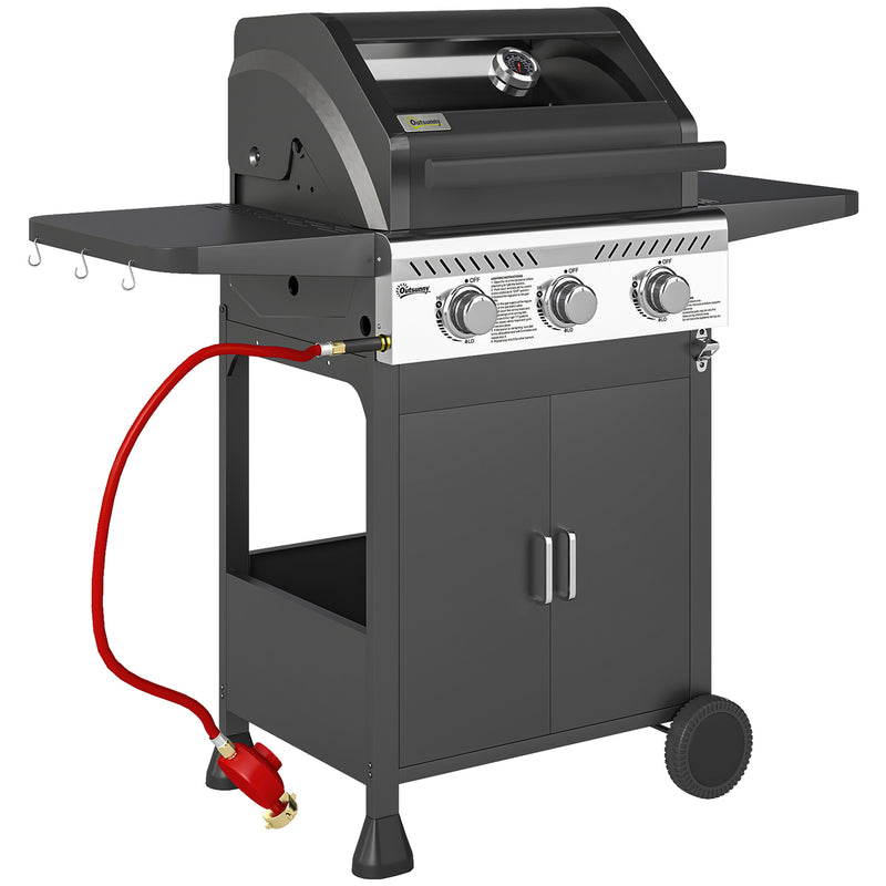 Black 7.5kW Three Burner Gas BBQ Grill With See Through Lid by Outsunny