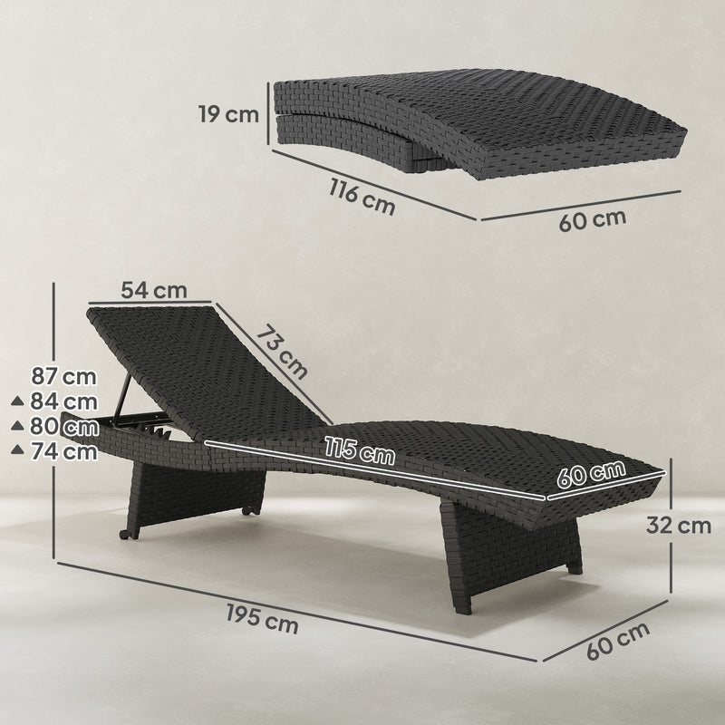Black Rattan Folding Sun Lounger With Adjustable Backrest and Wheels by Outsunny