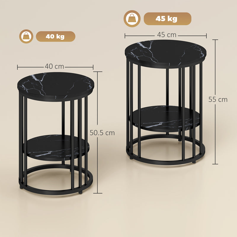 Round Coffee Tables for Living Room Set of 2 - Black Marble Effect Tops