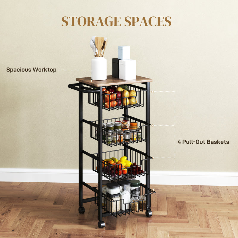 Kitchen Storage Trolley with 4 Mesh Baskets and Wood Effect Top for Extra Worktop Space Oak Black