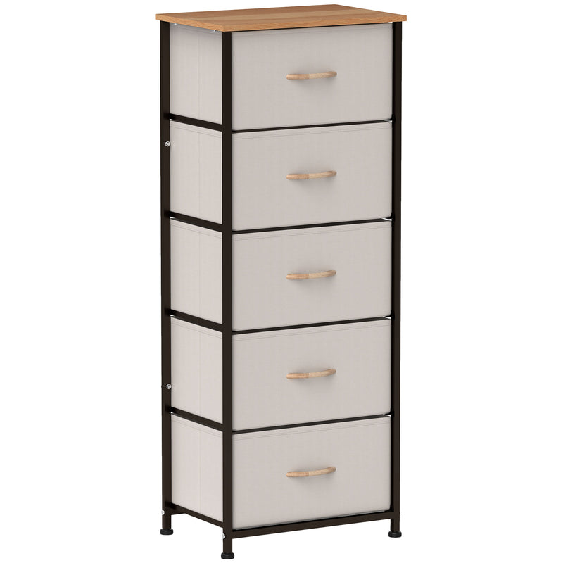 Cream White Fabric Chest of Drawers with 5 Storage Drawers and Wooden Top by HOMCOM