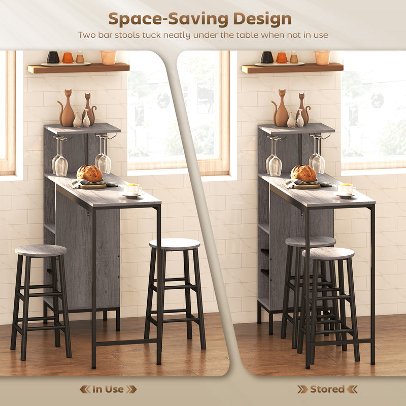 Bar Table Set with Storage Shelves and Stools for Small Kitchens or Flats Natural Wood Finish AOSOM