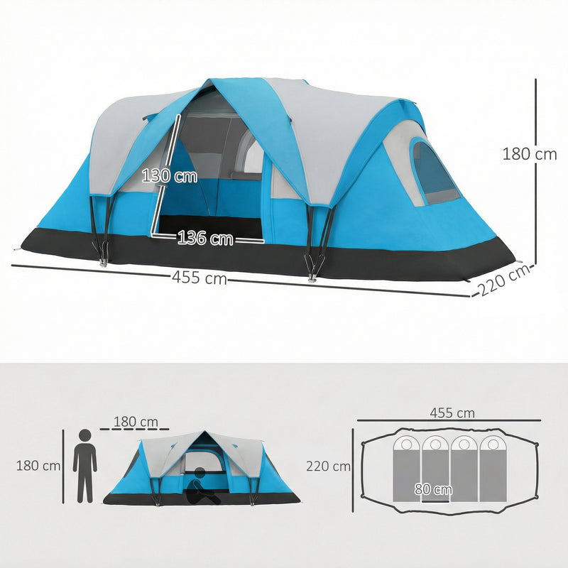 Family Tunnel Camping Tent With Groundsheet, Mesh Windows & Carry Bag, Light Blue