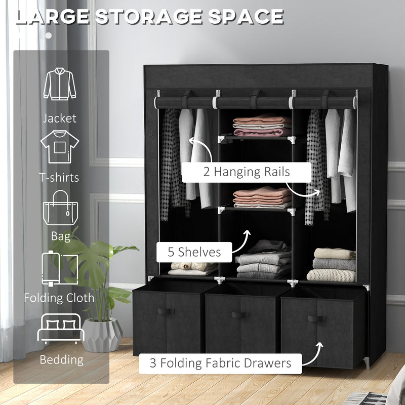 Fabric Wardrobe with Hanging Rails and Shelves for Compact Bedroom Storage Black