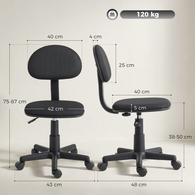 Armless Office Chair for Small Desks Space Saving Adjustable Seat Black