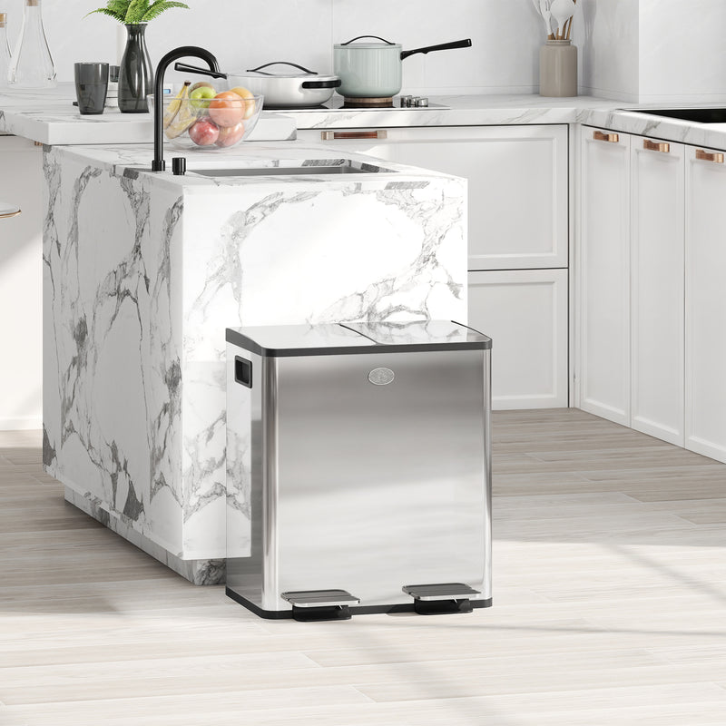 40L Dual Compartment Stainless Steel Kitchen Bin with Deodorisers Silver by Homcom