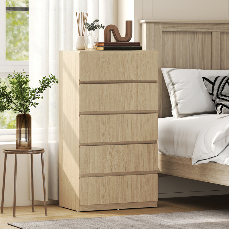 Chest of Drawers with 5 Spacious Handleless Drawers for Bedroom Storage Natural Wood AOSOM