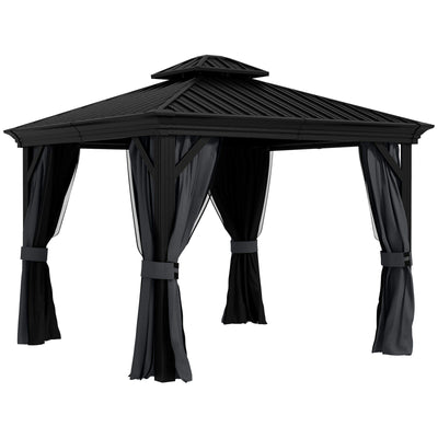 Aluminium Frame Hardtop Gazebo with 2-Tier Roof & Mesh Netting Sidewalls, 3x3.7m, Dark Grey Outsunny