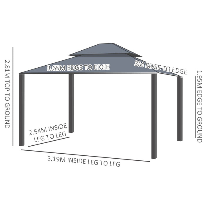 Aluminium Frame Hardtop Gazebo with 2-Tier Roof & Mesh Netting Sidewalls, 3x3.7m, Dark Grey