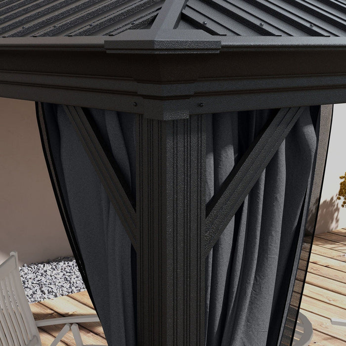 Aluminium Frame Hardtop Gazebo with 2-Tier Roof & Mesh Netting Sidewalls, 3x3.7m, Dark Grey