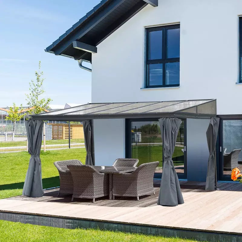 4x3m Pergola With Polycarbonate Roof and Curtains, Grey Outsunny