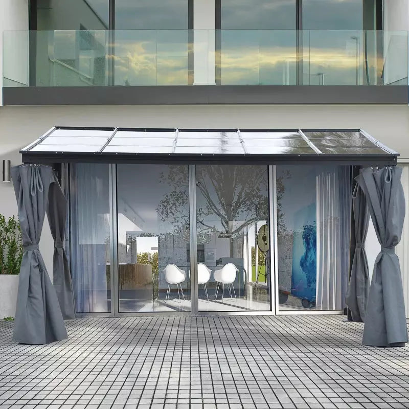 4x3m Pergola With Polycarbonate Roof and Curtains, Grey Outsunny