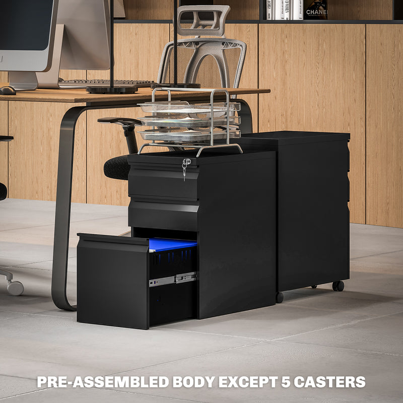 Black 3 Drawer Steel Mobile Filing Cabinet with Lock by Vinsetto