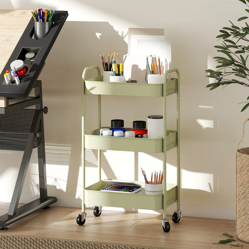 Three Tier Steel Storage Trolley With Wheels For Home Or Office Organisation Green