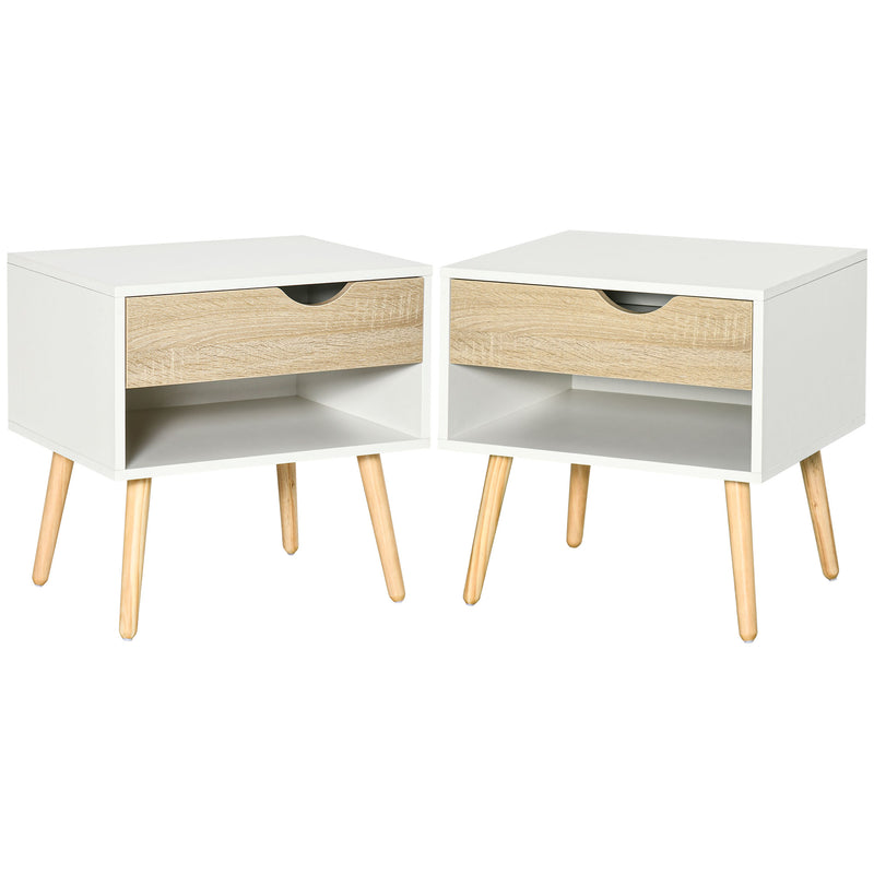 Set of 2 Modern Bedside Tables with Drawer and Shelf for Bedroom or Living Room White