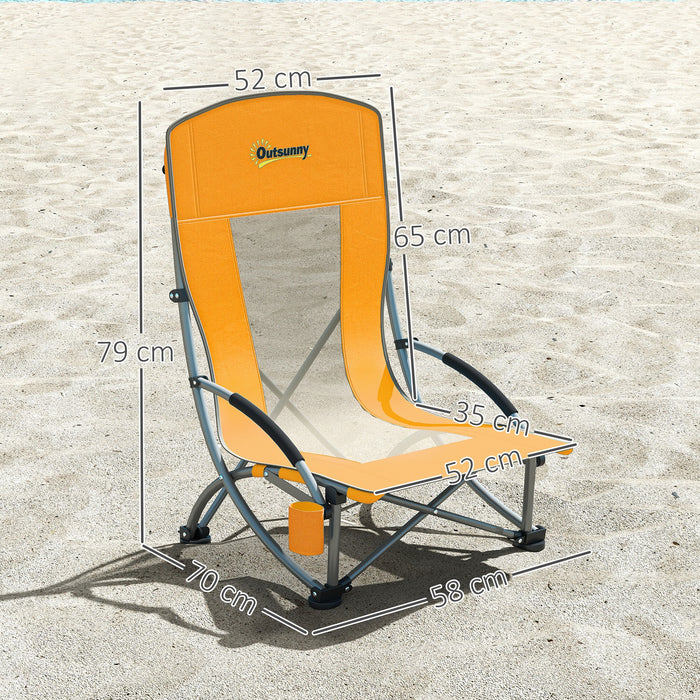 Set of 2 Orange Folding Beach Chairs with Mesh Back Cup Holder and Carry Bag for Outdoor Use