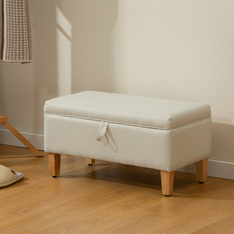 30L Beige Linen Storage Ottoman with Padded Seat and Wooden Legs for Bedroom or Hallway