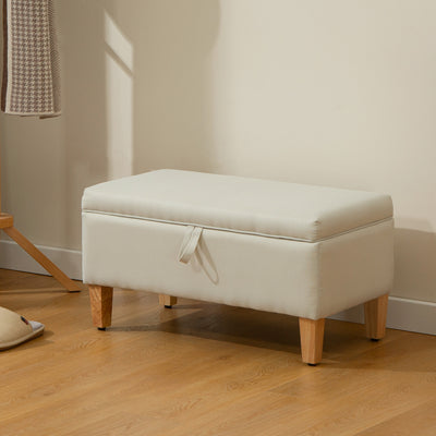30L Beige Linen Storage Ottoman with Padded Seat and Wooden Legs for Bedroom or Hallway Homcom