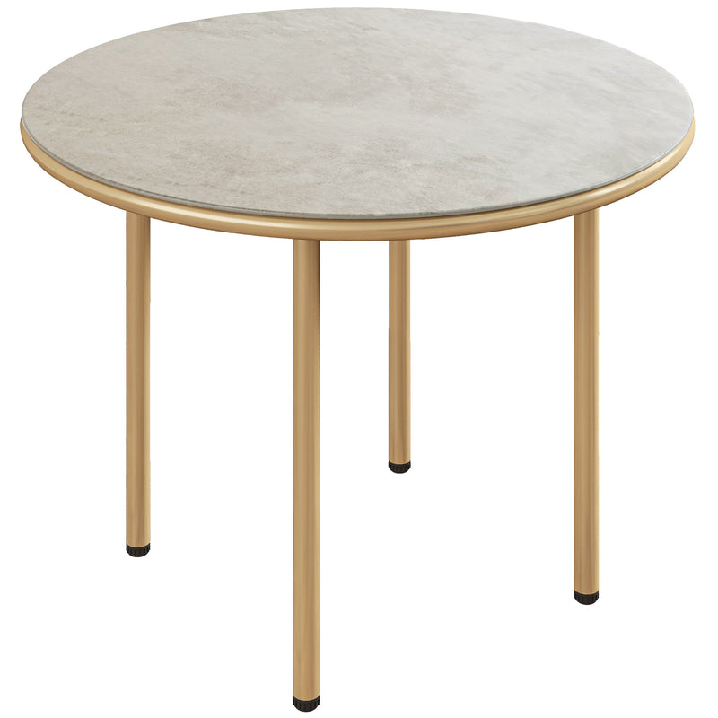 Beige 60cm Round Garden Side Table with Tempered Glass Top and Steel Frame