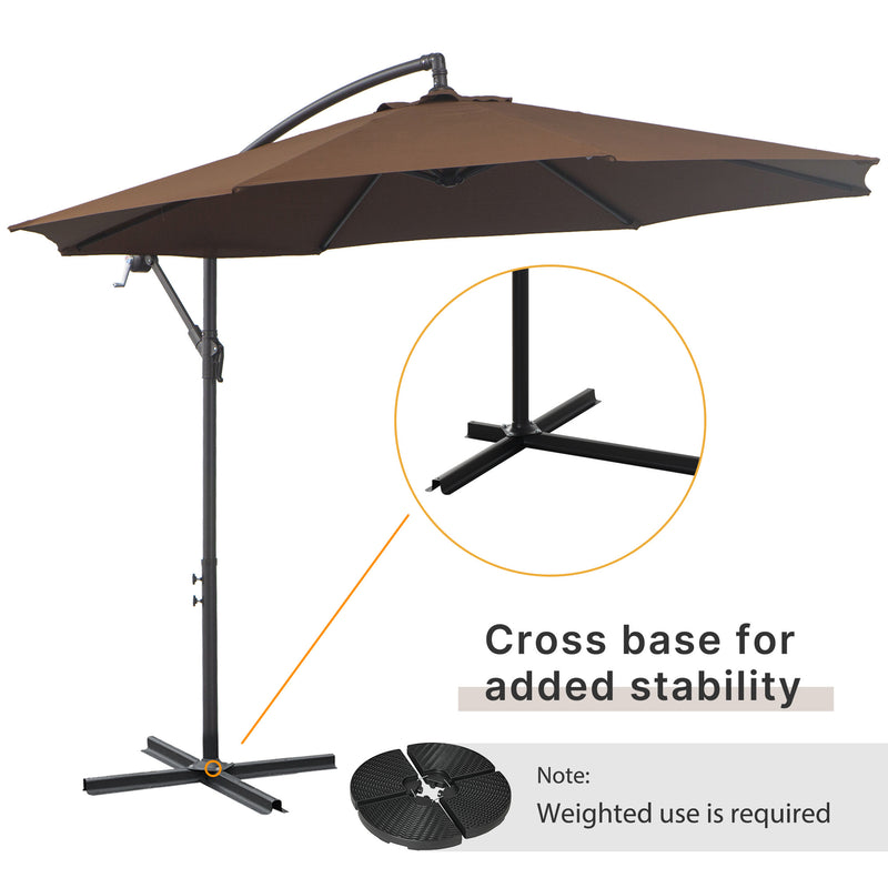 Brown 2.45m Cantilever Garden Parasol Waterproof Overhanging Umbrella With Cross Base