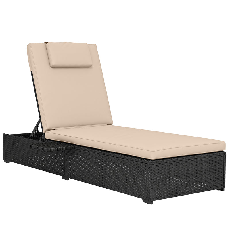 Rattan Sun Lounger With Adjustable Recline Cushion and Side Tray for Garden Relaxation Black Outsunny