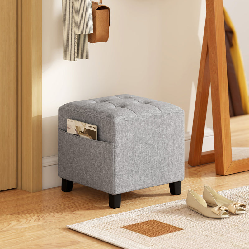 Small Light Grey Linen Ottoman Footstool With Side Pocket And Padded Seat For Living Room