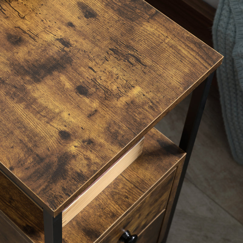 Set of 2 Industrial Style Narrow Bedside Tables with Drawers and Shelf for Small Spaces Rustic Brown